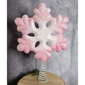 Pink & White Beaded Snowflake Christmas Tree‎ Topper 15.5" Pinkmas Glitter Beads